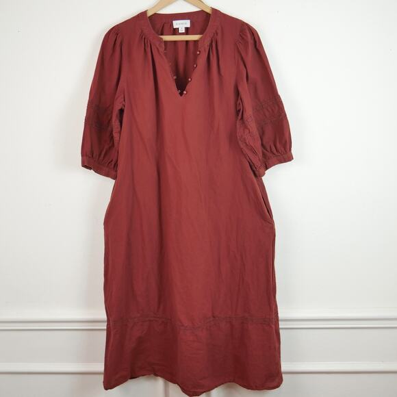 Evereve Dresses & Skirts - Evereve Evelyn Midi Dress Puff Sleeve Boho Cottagecore Brown Cotton Prairie M